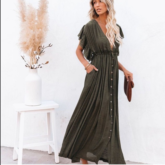 XL Bohemian long Olive gauze semi sheer maxi dress w pockets and ruffle sleeves - Picture 3 of 16